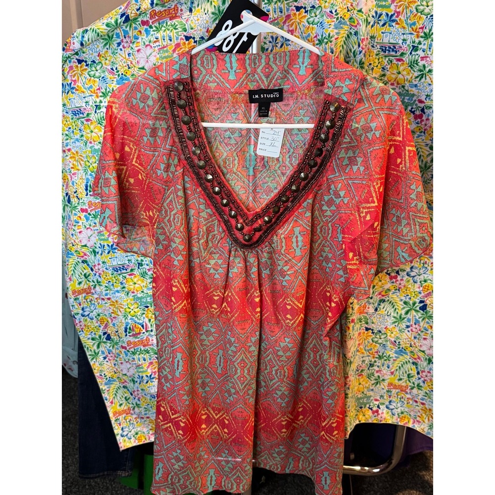 188 I.N. Studio Womens XL Beaded V-Neck Geometric Mesh Boho Blouse Coral Turq.‎